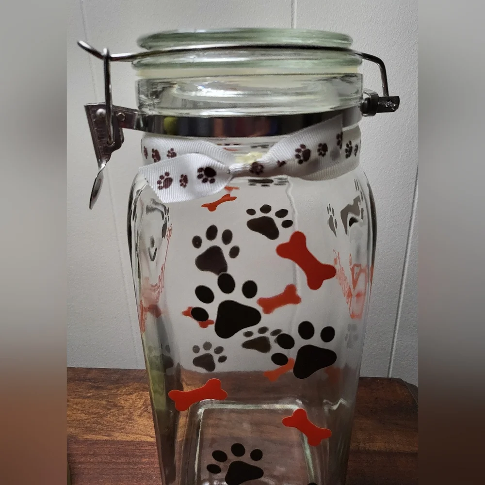 Dog Treat Jar with Black Paw Prints, White Ribbon, Letters 